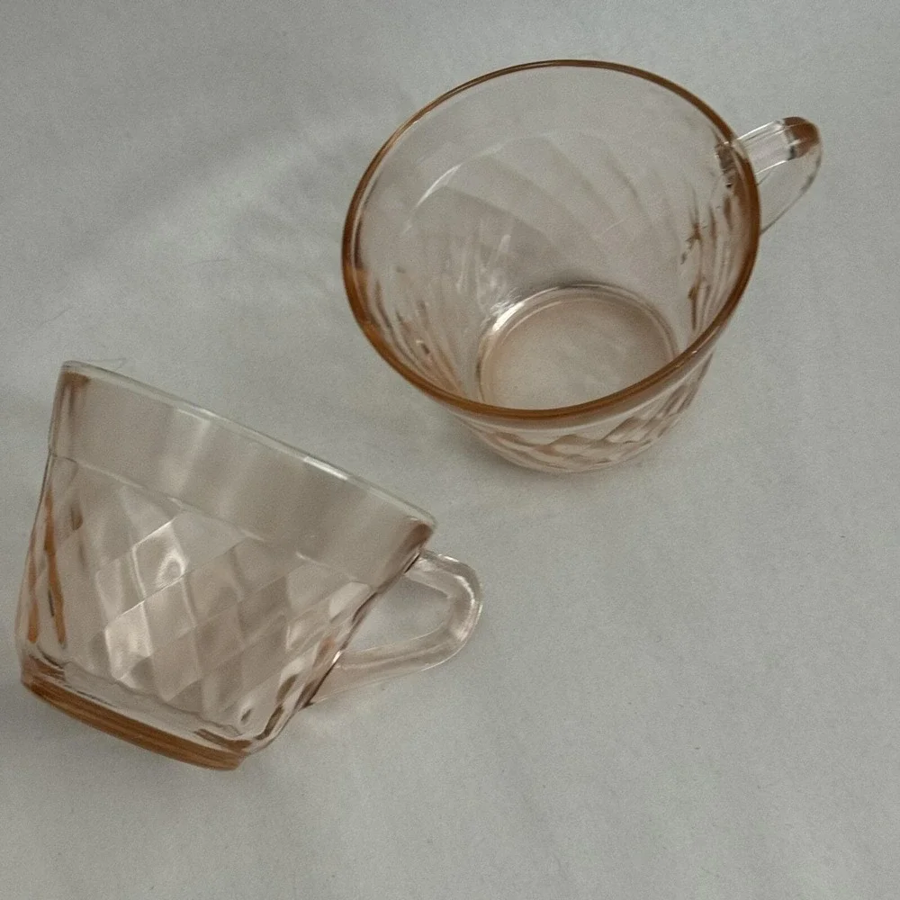 (2) Vintage Hazel Atlas‎ Glass DIAMOND OPTIC Pink Cup Teacup